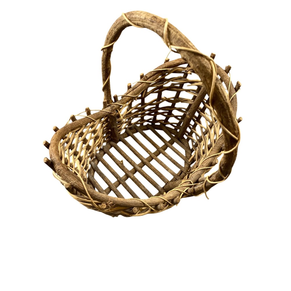 Old Rustic Twig Woven Basket Natural Vine Handle Folk Art Country Decor